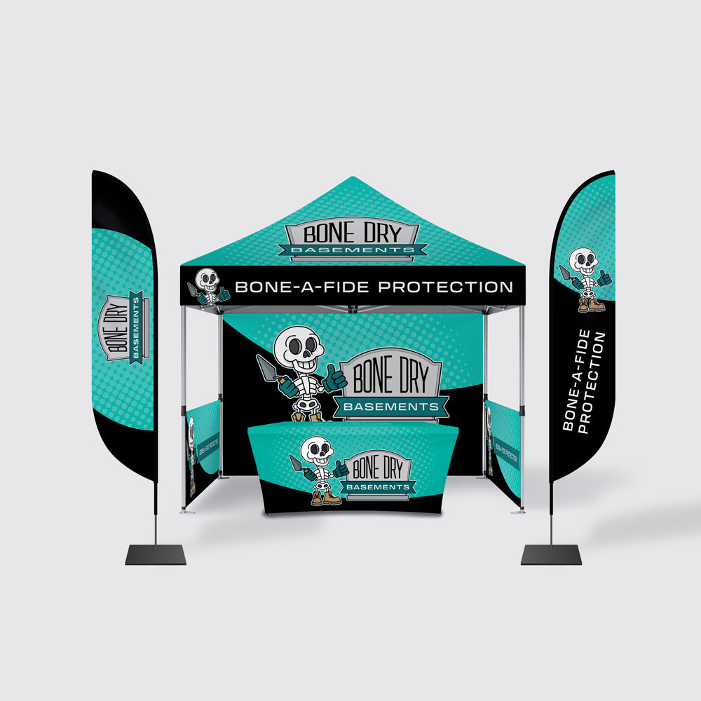 Outdoor Bundle Example. Custom Canopy Tent with back and side walls, Stretch Table Cover, and two feather flags.
