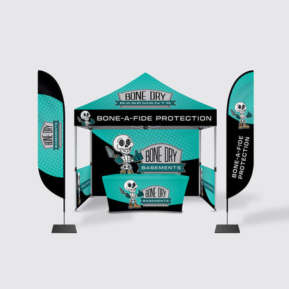 Outdoor Bundle Example. Custom Canopy Tent with back and side walls, Stretch Table Cover, and two feather flags.